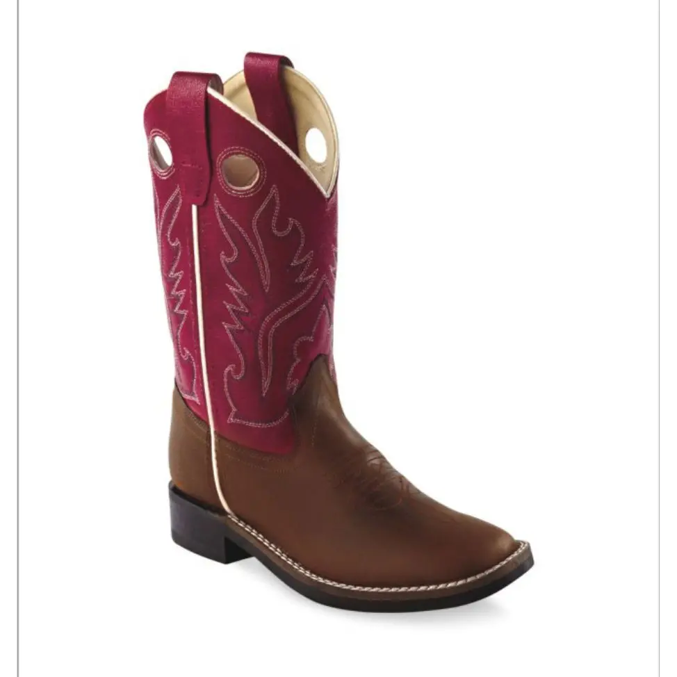 Old West Children's Light Distress-Red Ultra Flex Broad Square Toe Boots-Light Distress - Red-13-D 1