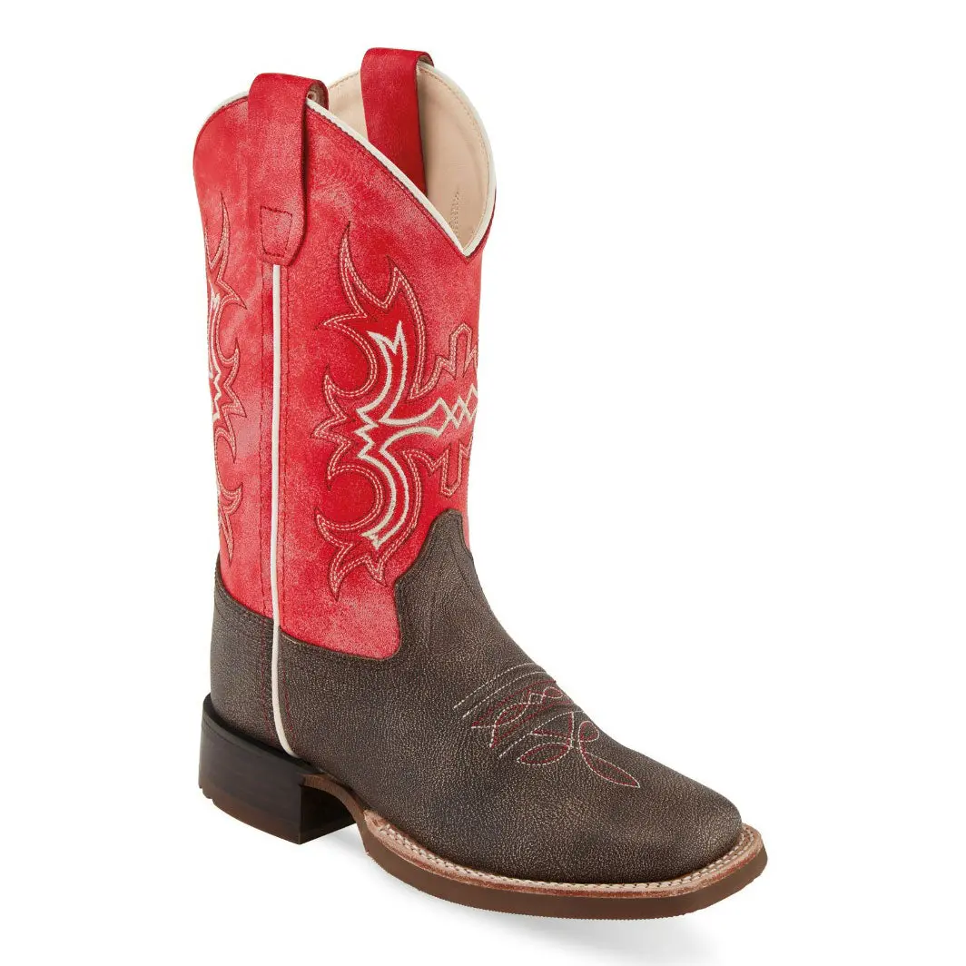 Old West Children's Wipe Out Brown And Dark Pink Broad Square Toe Boots 1