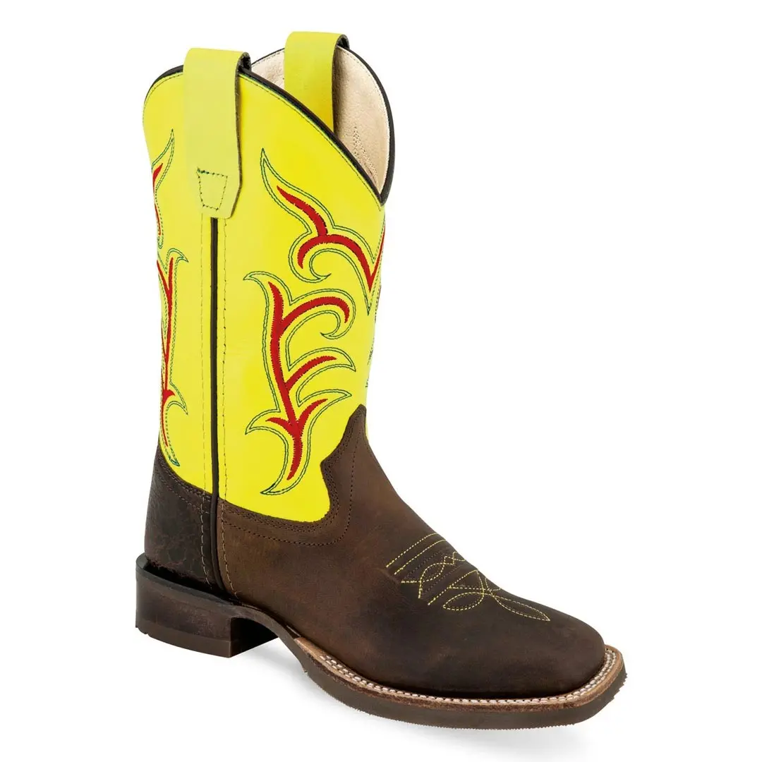 Old West Youth Brown And Florescent Green Broad Square Round Toe Boot 1