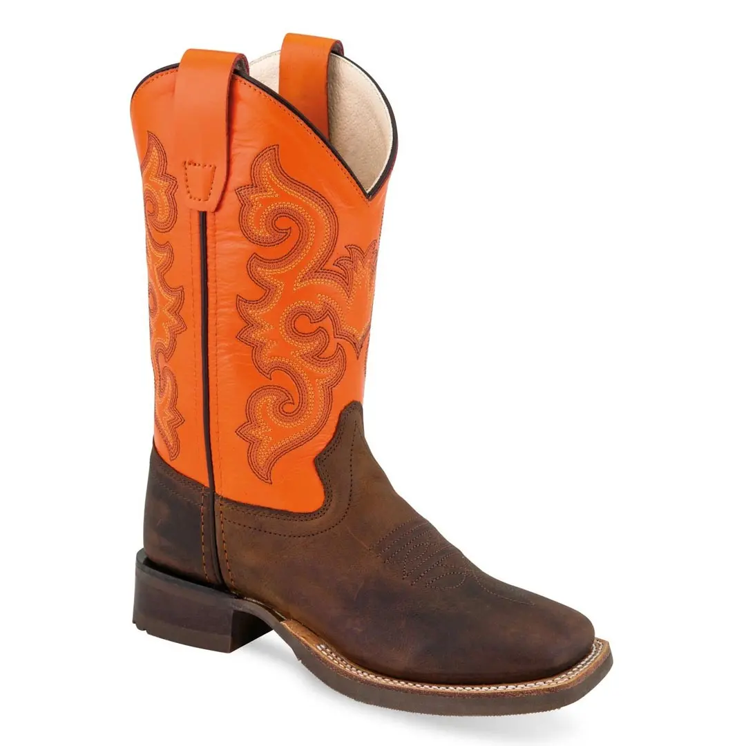 Old West Youth Brown And Neon Orange Broad Square Round Toe Boot 1