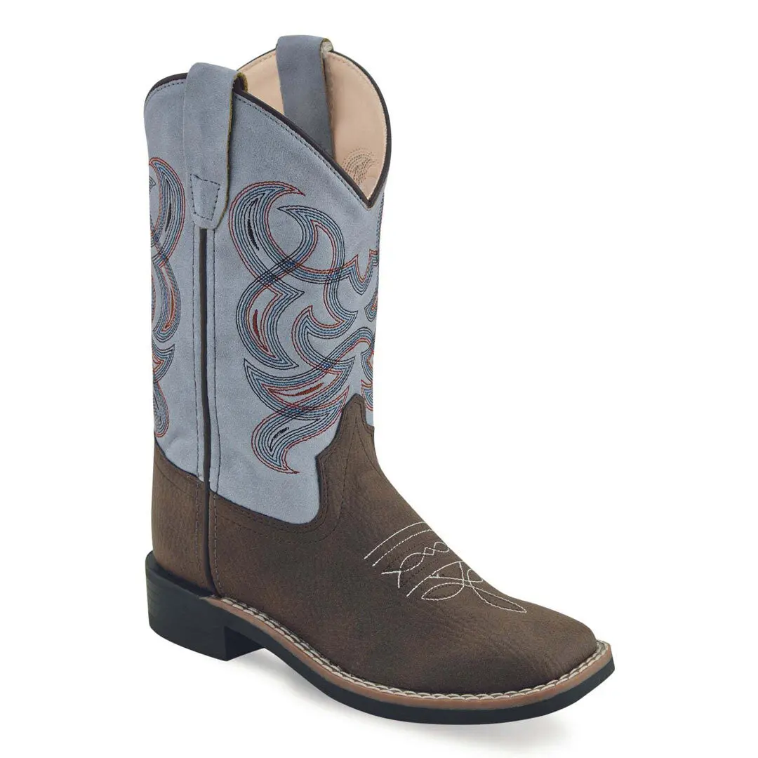 Old West Children's Thunder Brown And Sky Blue All Over Leatherette Broad Square Toe Boot 1