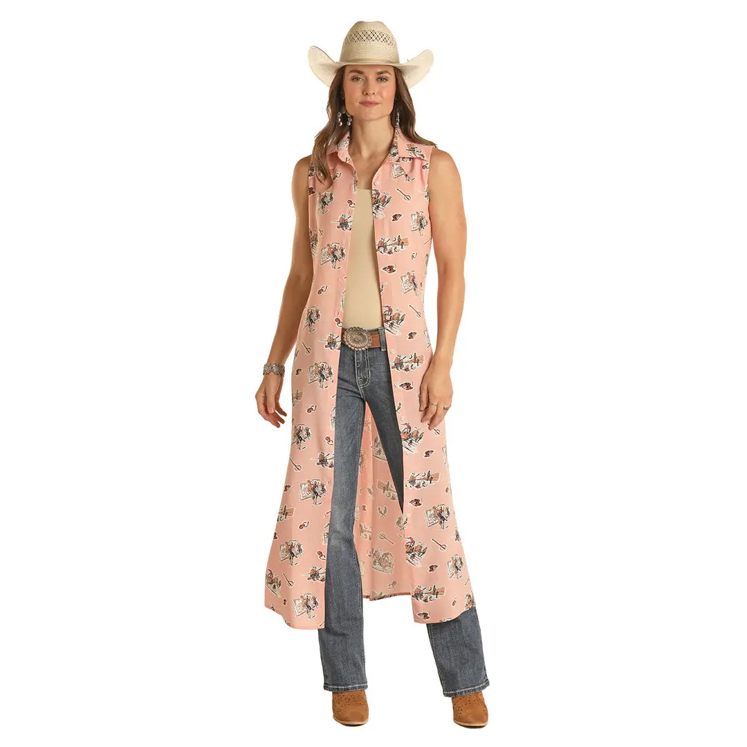 Rock & Roll Denim Ladies Sleeveless Cowboy Print Duster 1