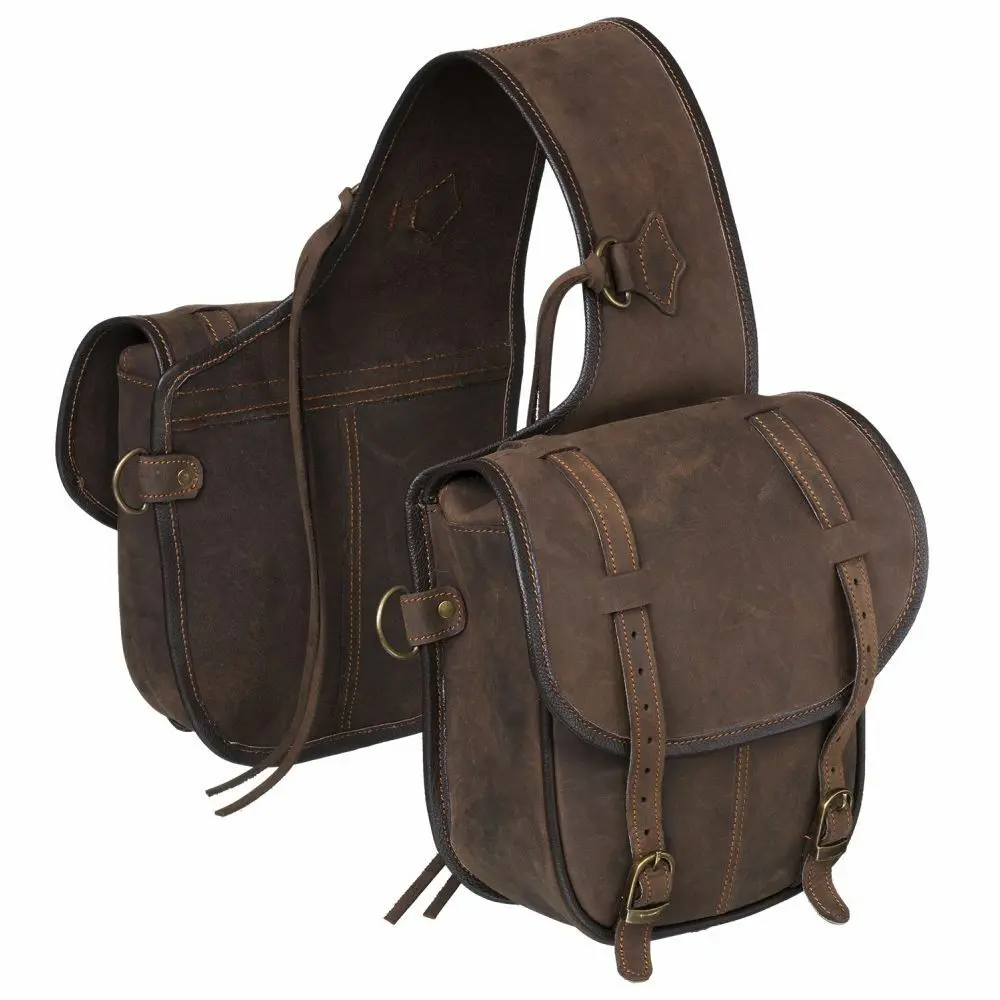 Tough 1 Soft Leather Adjustable Horn Bag W/ Dee Rings Two Pockets Brown 1